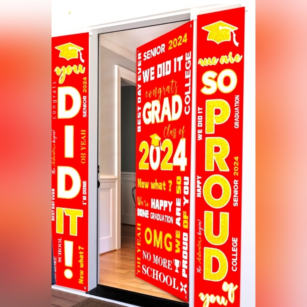 Graduation Party Vinyl Banners You Did It! Class '24  Decorations Red/Gold 2Pack